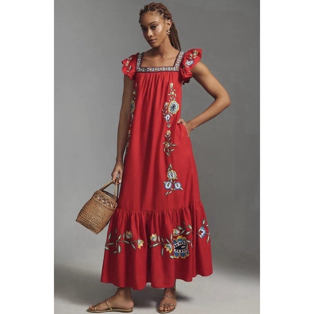 Farm Rio Embroidered Dress Square Neck Anthropologie Folklore Boho Linen L